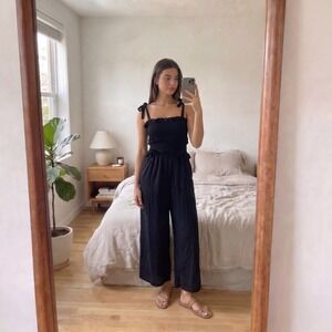 Tee Ink Wide Leg Jumpsuit Size 8 Black Smocked Ruffle Tie Cottage Boho Romantic‎